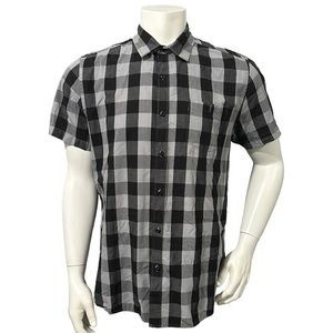 Ampify Mens Casual Button Up Shirt Black Gray Check Short Sleeve Pocket L
